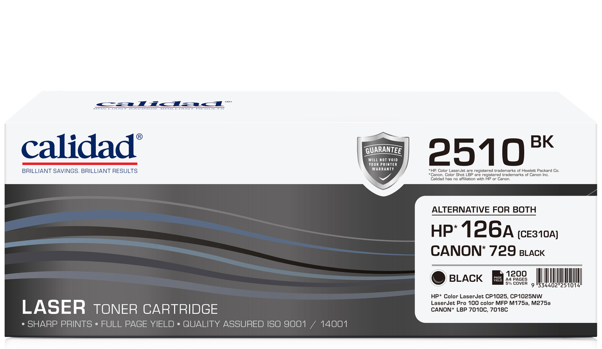 Calidad 2510-BK Black Toner alternative for HP 126A Black (CE310A); CANON CART 329BK, CART 729BK