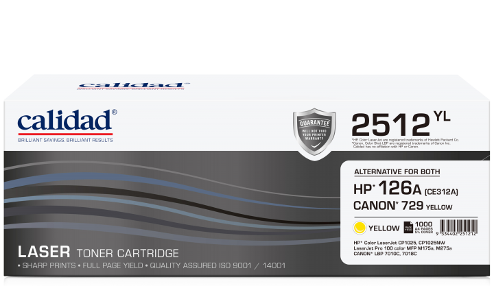 Calidad 2512-YL Yellow Toner alternative for HP 126A Yellow (CE312A); CANON CART 329Y, CART 729Y