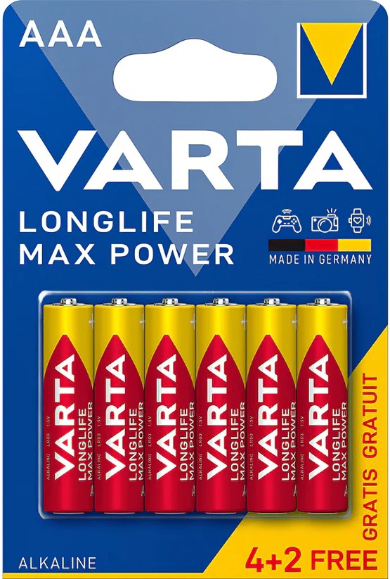 Varta Long life Max Power Alkaline AAA batteries 6 Pack (3 pack by Valotronics)