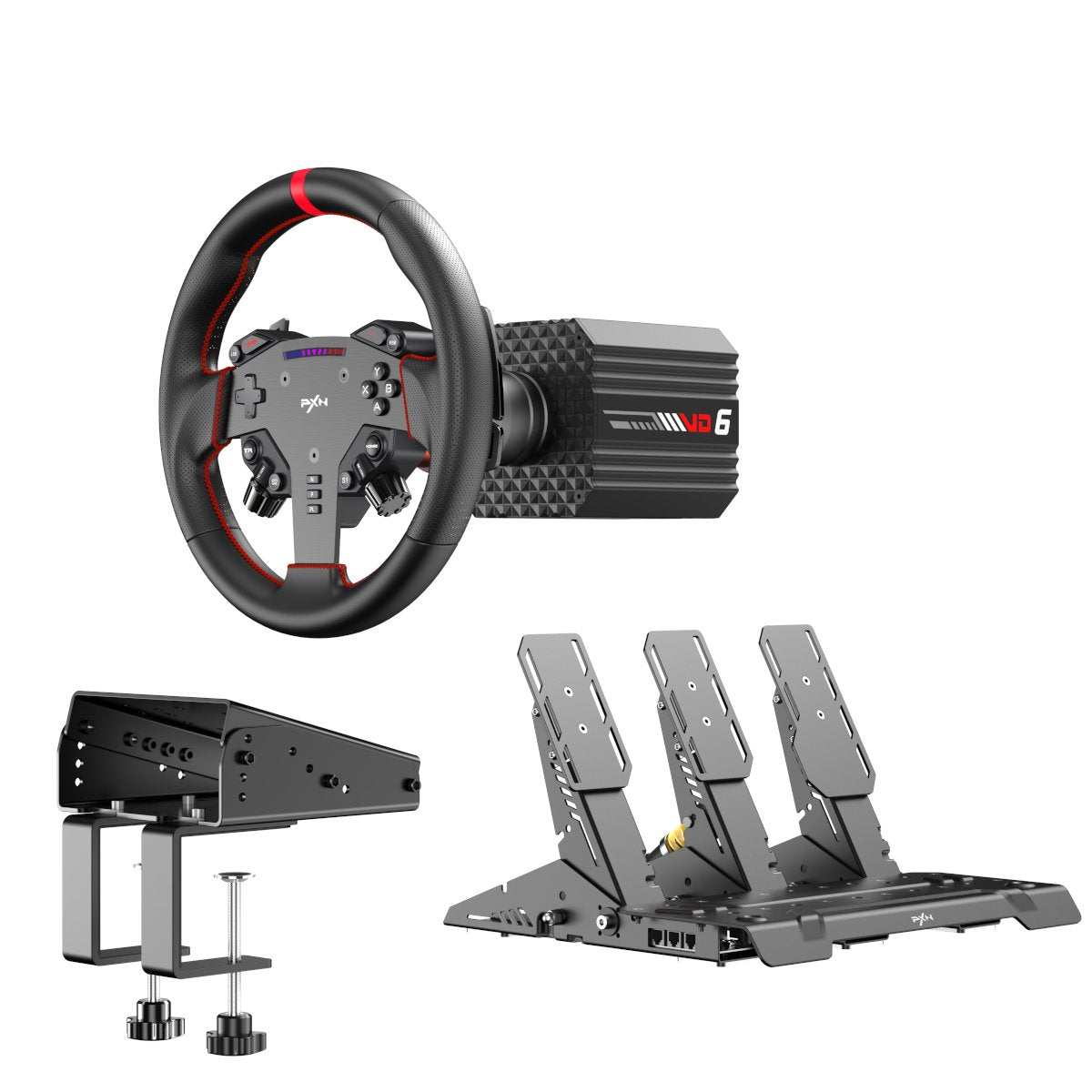 PXN VD6 Racing Wheel Bundle (Steering Wheel, Pedals and Mounting Clamp for PC)