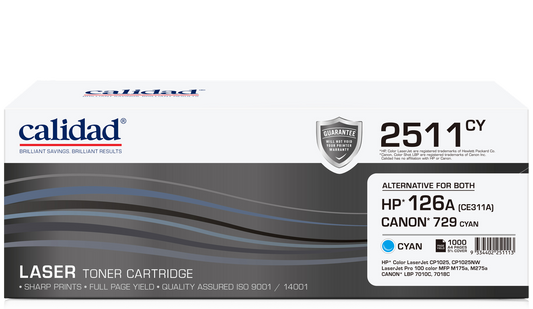 Calidad 2511-CY Cyan Toner alternative for HP 126A Cyan (CE311A); CANON CART 329C, CART 729C
