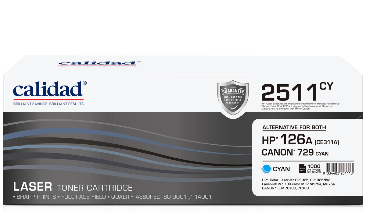 Calidad 2511-CY Cyan Toner alternative for HP 126A Cyan (CE311A); CANON CART 329C, CART 729C