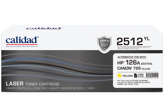 Calidad 2512-YL Yellow Toner alternative for HP 126A Yellow (CE312A); CANON CART 329Y, CART 729Y