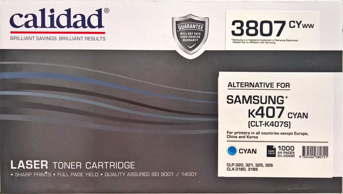 Calidad 3807-CYWW Cyan Toner alternative for SAMSUNG K407