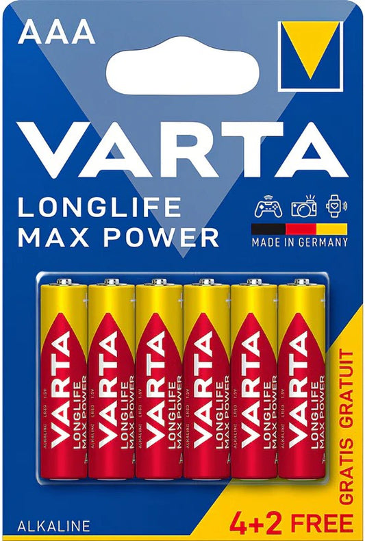 Varta Long life Max Power Alkaline AAA batteries 6 Pack (3 pack by Valotronics)