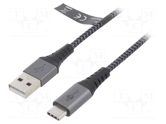 Goobay USB-C to USB-A Textile 1m Cable with Metal Plugs - Space Grey/Silver (2 pack by Valotronics)