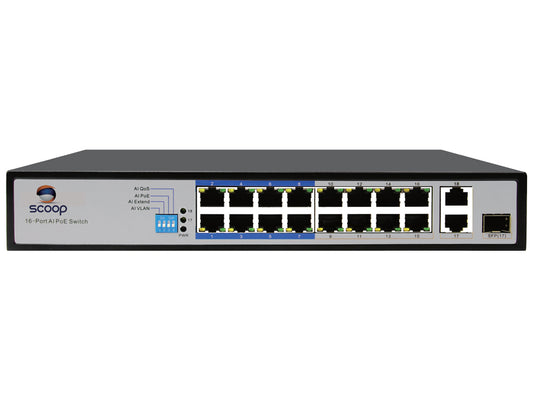 Scoop 16 Port Fast Ethernet AI PoE 150W 2 Gigabit 1SFP Switch