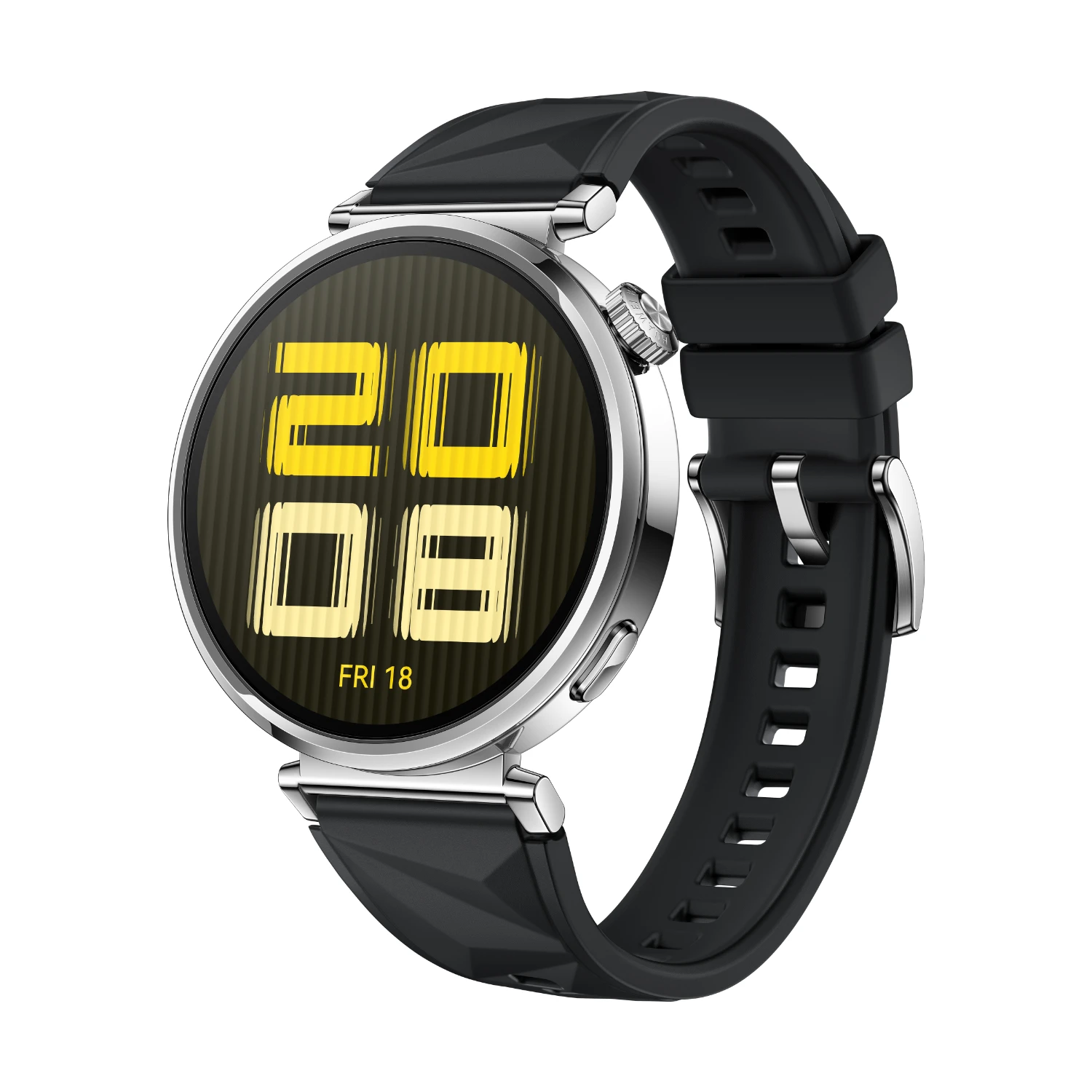 41mm/1.32inch AMOLED / Black Fluoroelastomer Strap.Front case:Silver stainless s