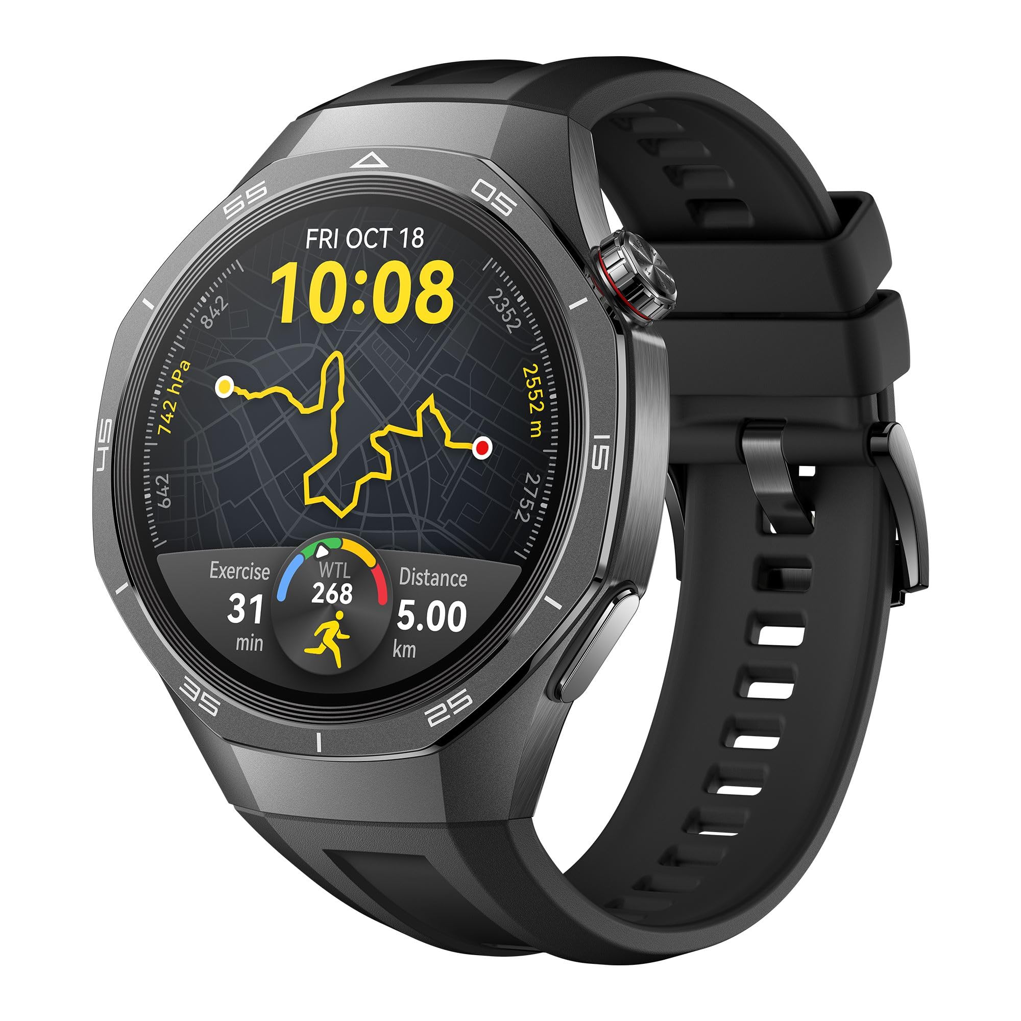 46mm/1.43inch AMOLED / Black Fluoroelastomer Strap.Front case:Black stainless st