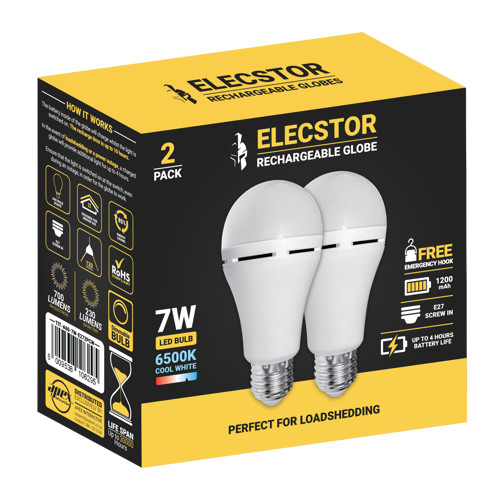 Elecstor E27 7W Rechargeable cool White - 2 PACK