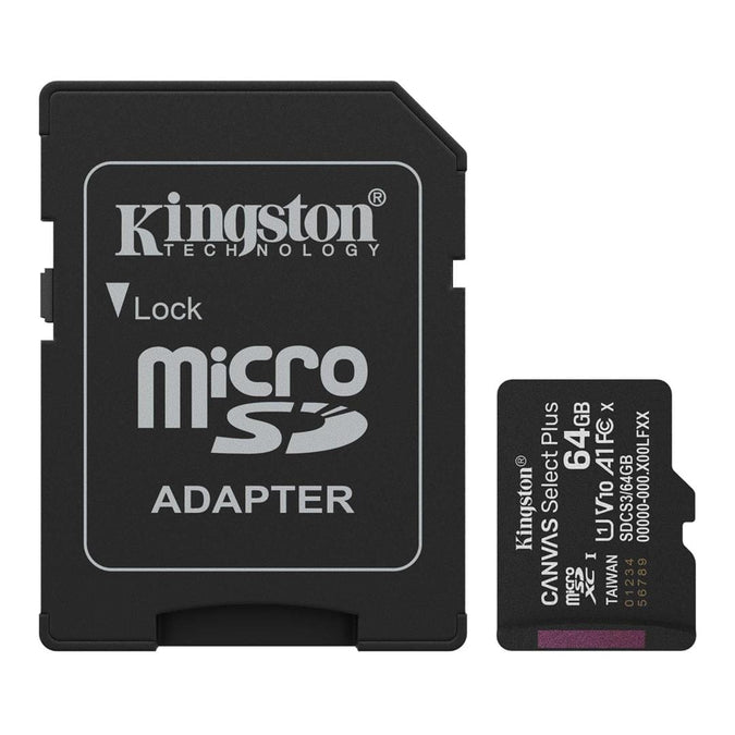 Kingston Technology 64GB microSDXC Canvas Select Plus Gen3 A1 Card + Adapter SDCS3/64GB