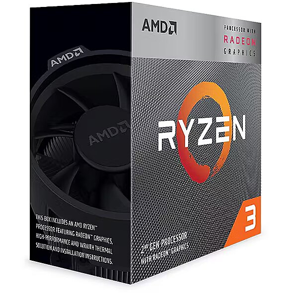 AMD Ryzen 3 3200G SKT AM4 CPU; 4 Core – 4 Thread; Base Clock 3.6GHz; Max Boost Clock 4GHz; 6 MB Cache; TDP 65W; RX Vega Graphics