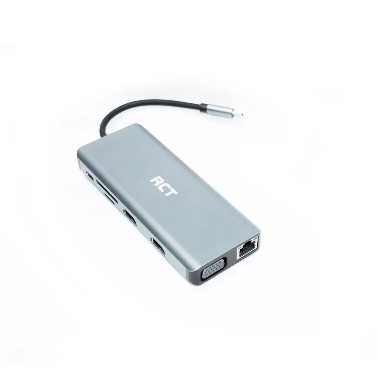 RCT compact 12 – in – 1 USB Type C hub with 2 HDMI; 1 VGA; 3 USB 3.0; 1 USB 2.0; 1 RJ45; PD; Audio; SD microSD card reader.
