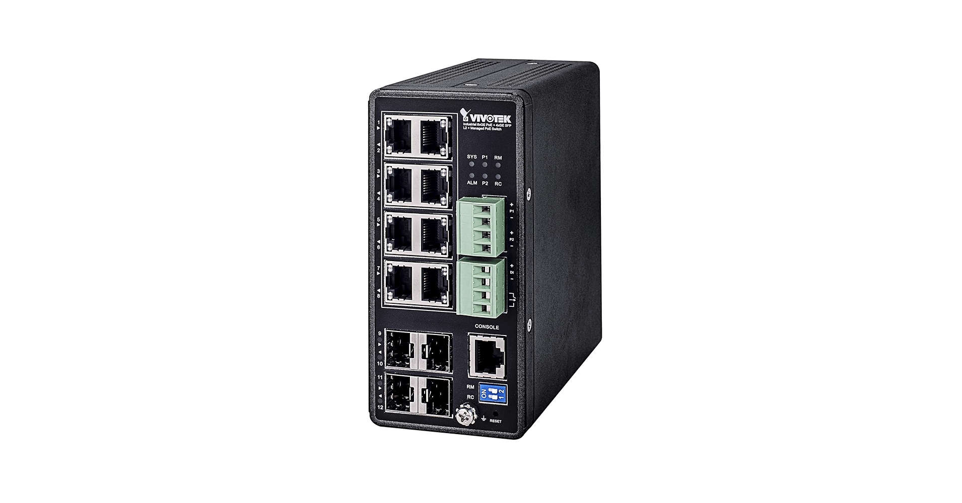 VIVOTEK L2+ Managed POE Industrial Switch; 8x POE+; 4x SFP; 240W; 48VDC PSU required