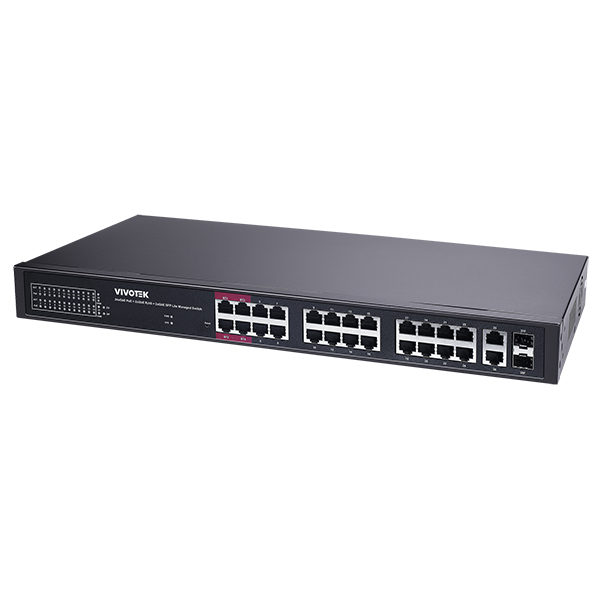VIVOTEK 24xGE PoE + 2xGE UTP + 2xGE SFP lite managed PoE switch; VLAN; STP; POE Port Cycling