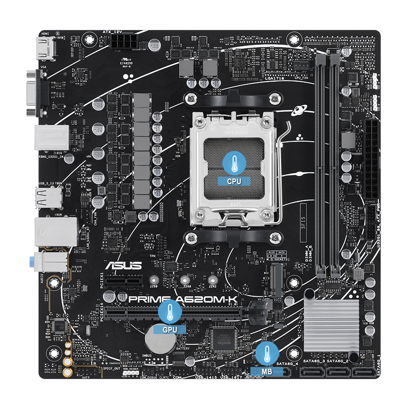 ASUS Motherboard – mATX – AM5 – DDR5 – 2xDIMM – Max.128GB – 1xPCIe4x16 – 1xPCIe3x1 – 1xM.2 – 4xSATA – 1xDP – 1xHDMI.
